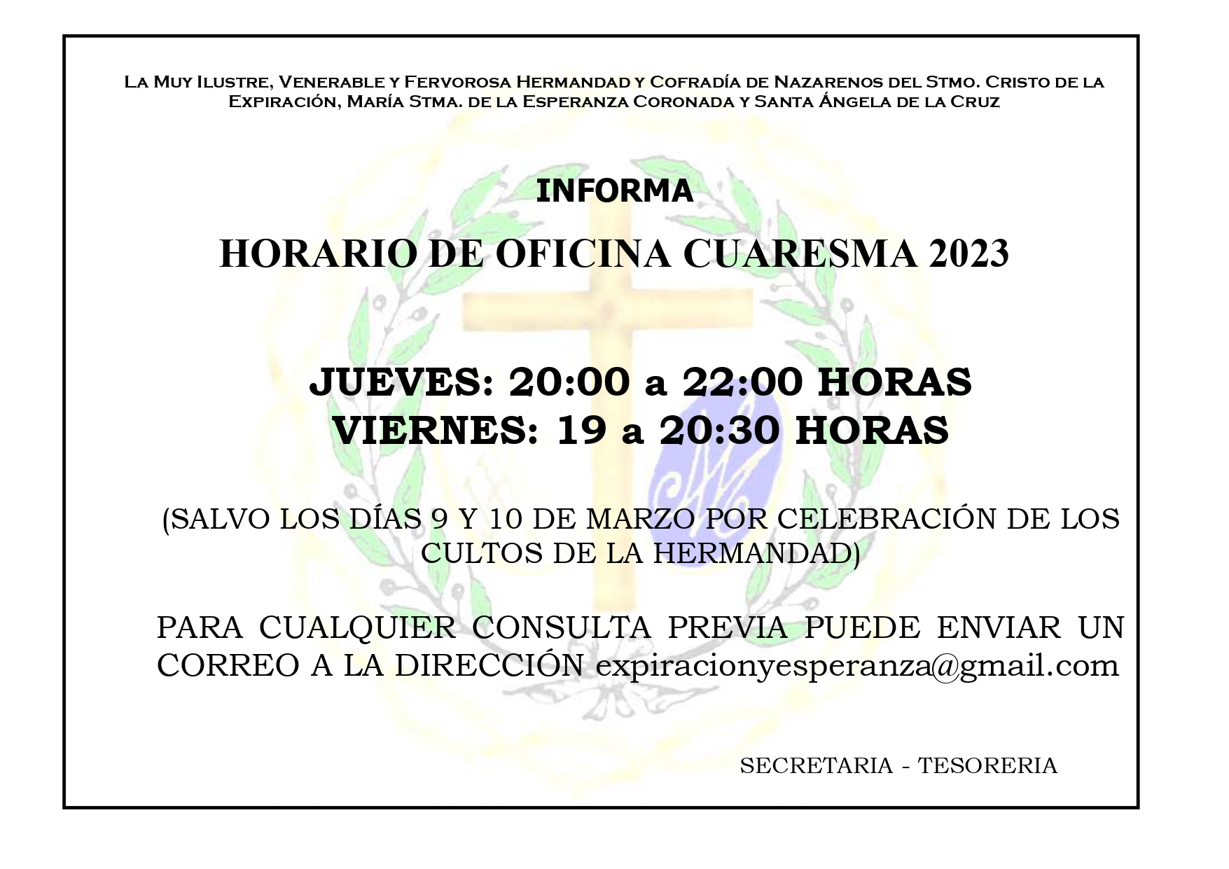 Horario de Oficina en Cuaresma